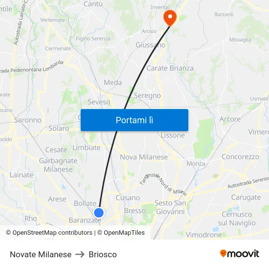 Novate Milanese to Briosco map