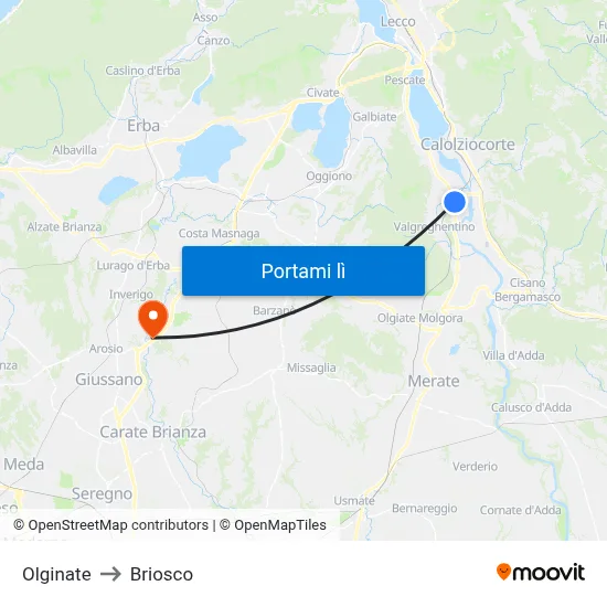 Olginate to Briosco map