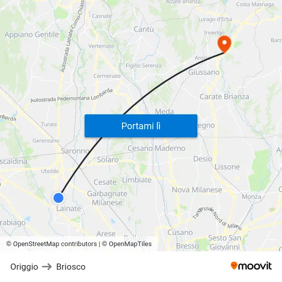 Origgio to Briosco map