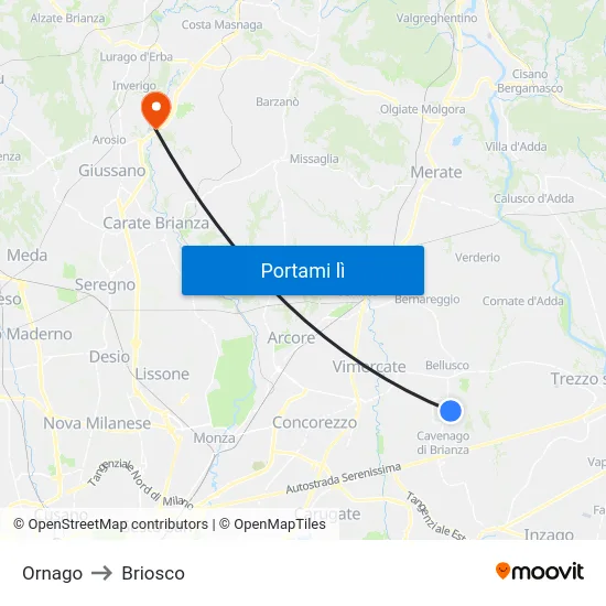 Ornago to Briosco map