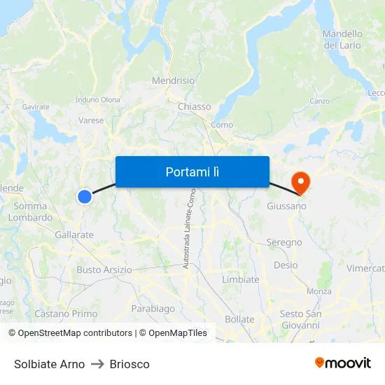 Solbiate Arno to Briosco map