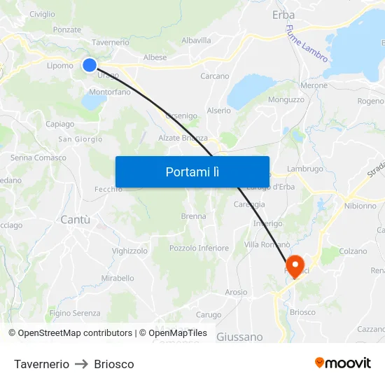 Tavernerio to Briosco map