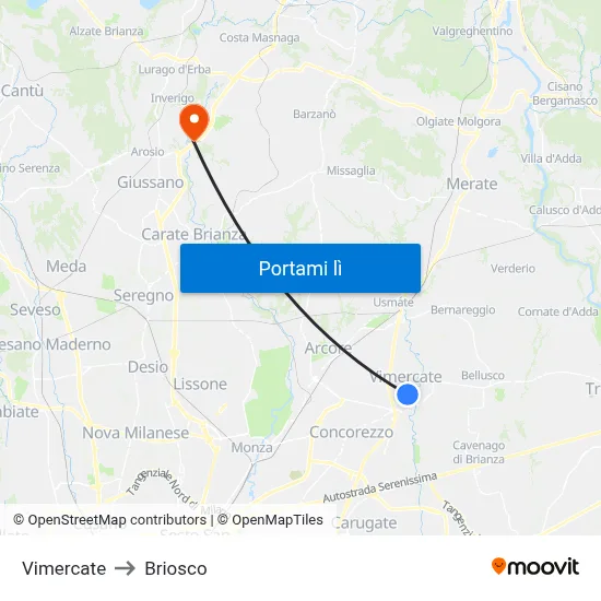 Vimercate to Briosco map
