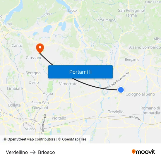 Verdellino to Briosco map