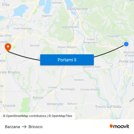 Barzana to Briosco map