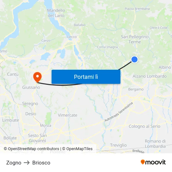 Zogno to Briosco map