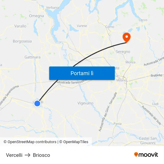 Vercelli to Briosco map