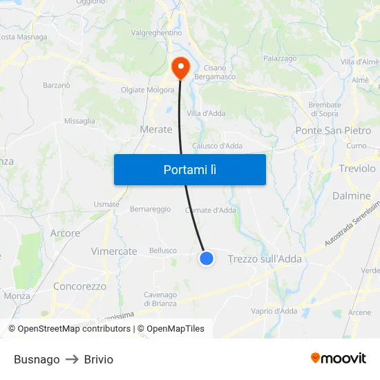 Busnago to Brivio map