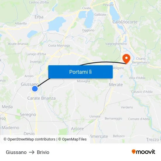Giussano to Brivio map