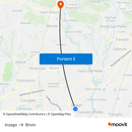 Inzago to Brivio map