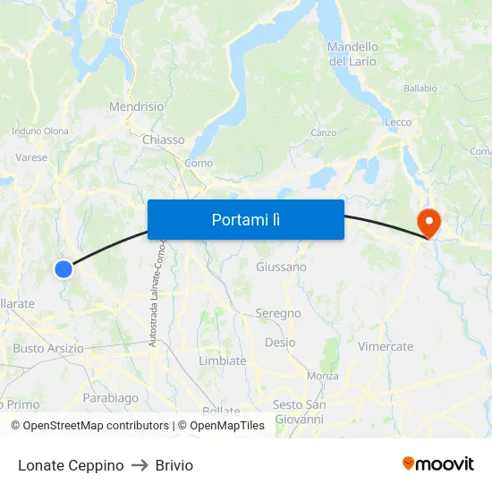 Lonate Ceppino to Brivio map