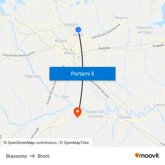 Biassono to Broni map