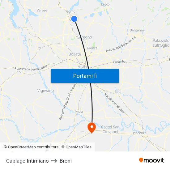 Capiago Intimiano to Broni map