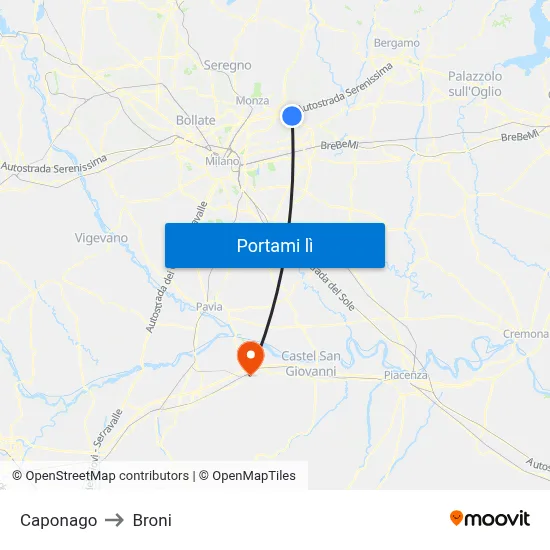 Caponago to Broni map