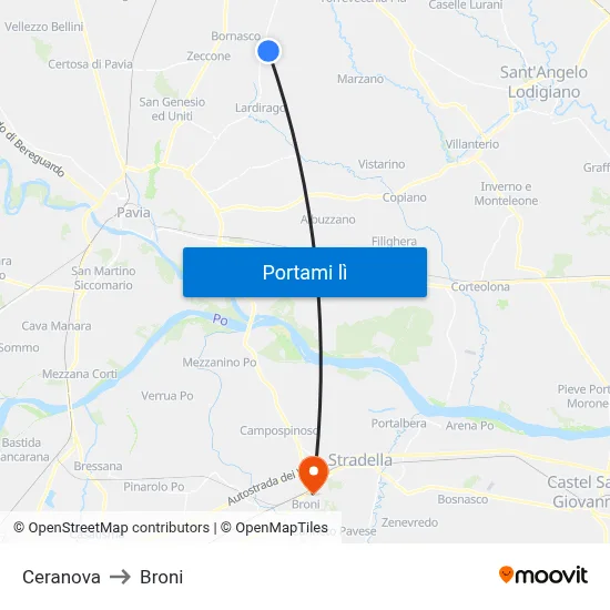 Ceranova to Broni map