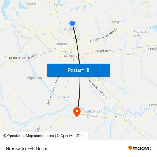 Giussano to Broni map