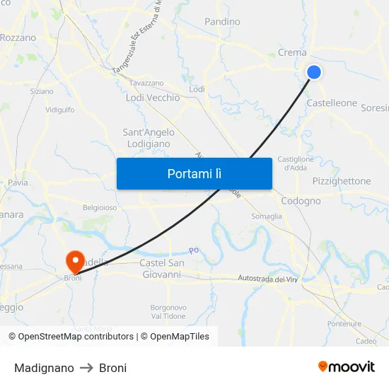 Madignano to Broni map