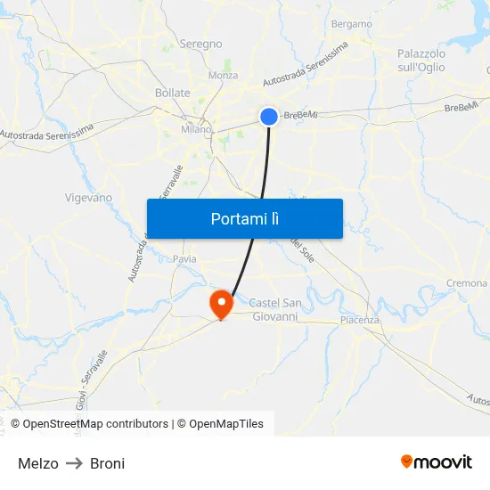 Melzo to Broni map