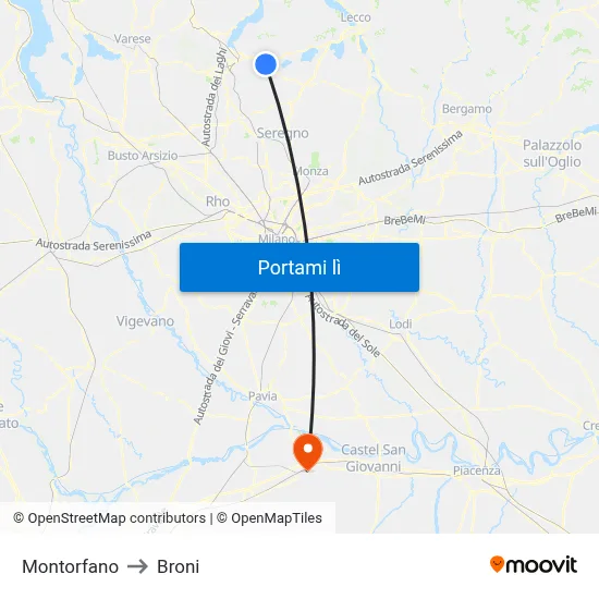 Montorfano to Broni map
