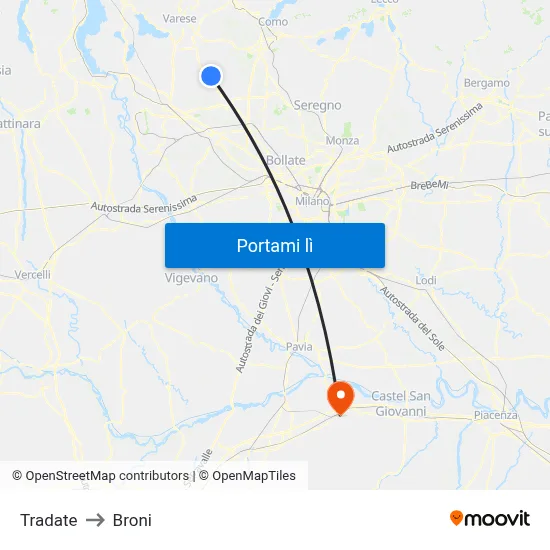 Tradate to Broni map