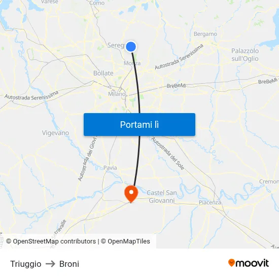 Triuggio to Broni map