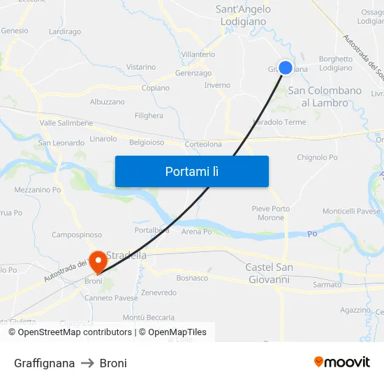 Graffignana to Broni map