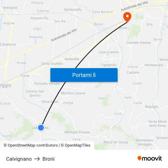 Calvignano to Broni map