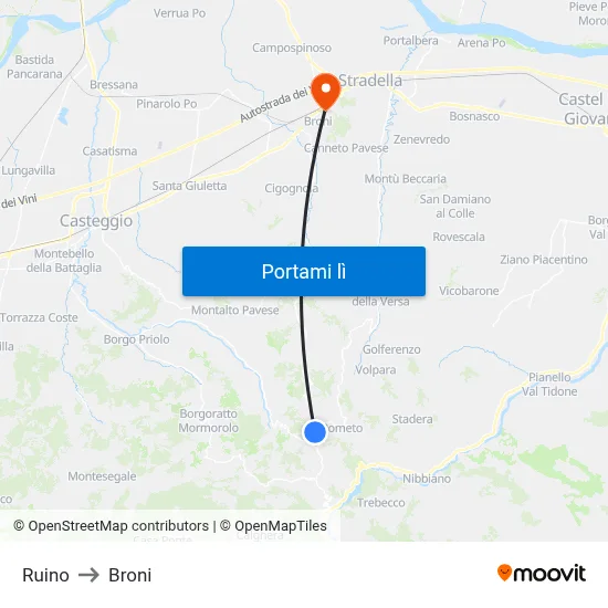 Ruino to Broni map