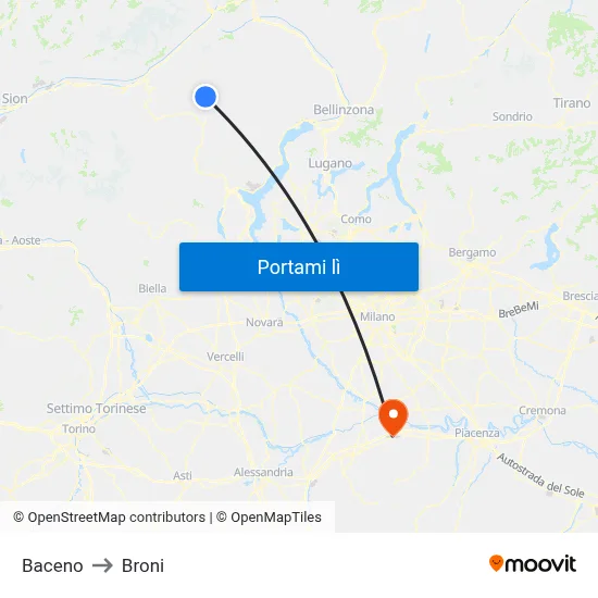 Baceno to Broni map