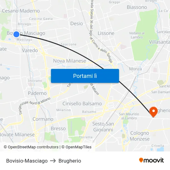 Bovisio-Masciago to Brugherio map
