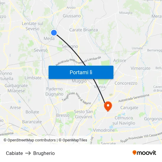 Cabiate to Brugherio map