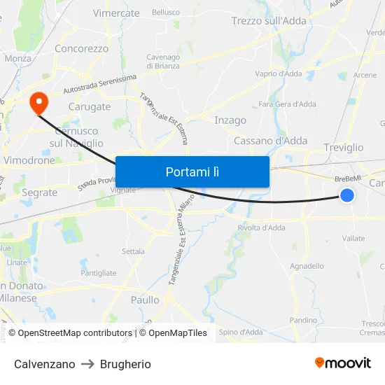 Calvenzano to Brugherio map