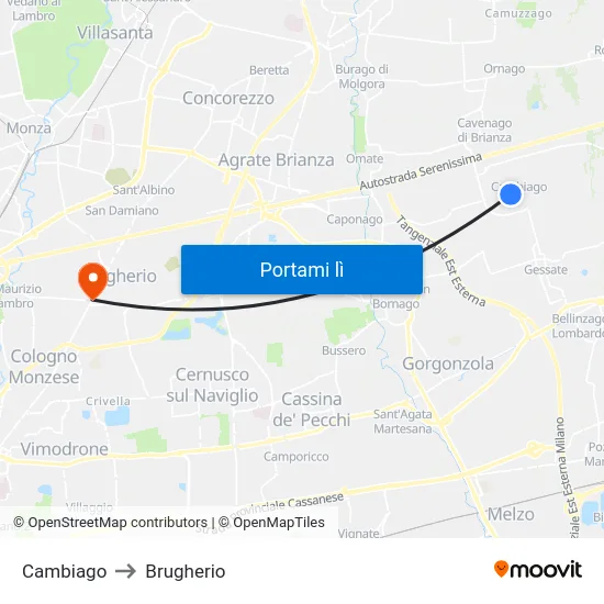Cambiago to Brugherio map