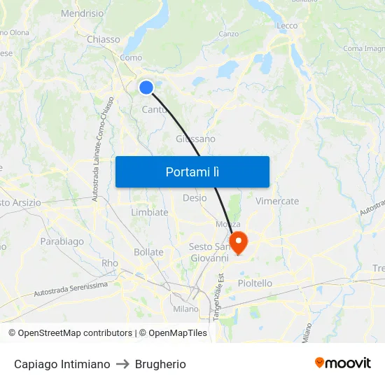 Capiago Intimiano to Brugherio map