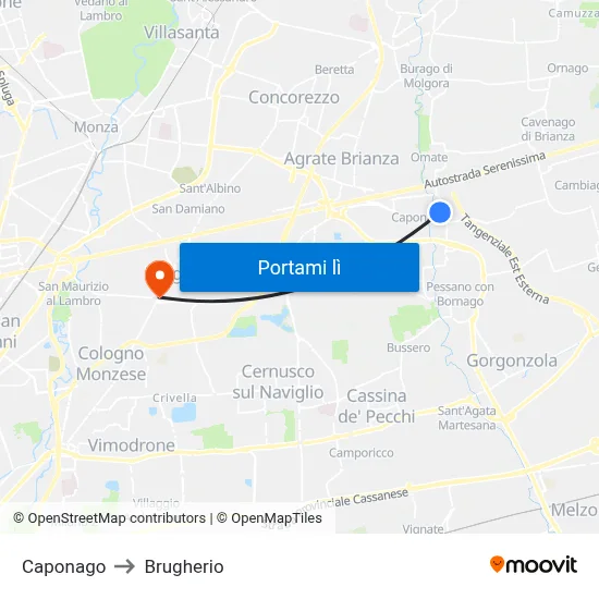 Caponago to Brugherio map