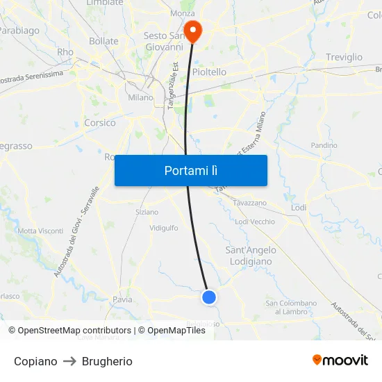 Copiano to Brugherio map