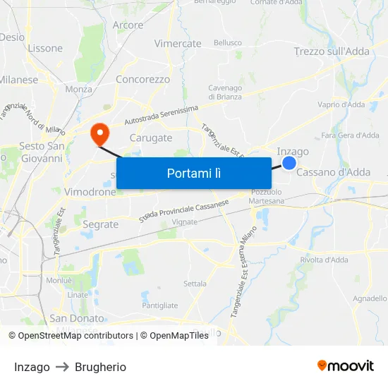 Inzago to Brugherio map