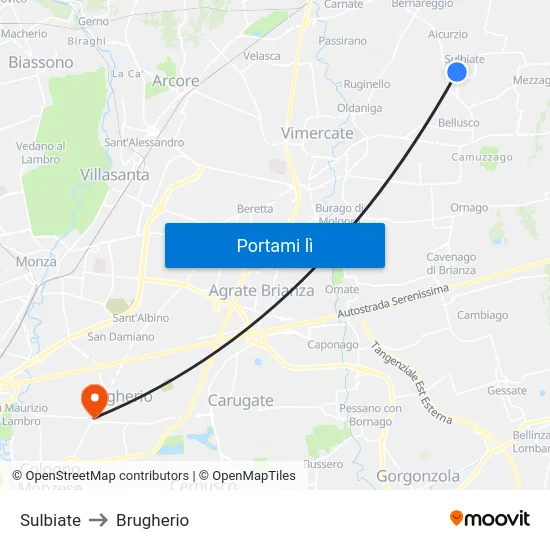 Sulbiate to Brugherio map