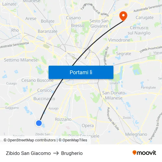 Zibido San Giacomo to Brugherio map