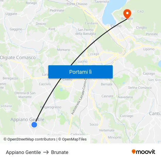 Appiano Gentile to Brunate map