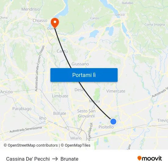 Cassina De' Pecchi to Brunate map
