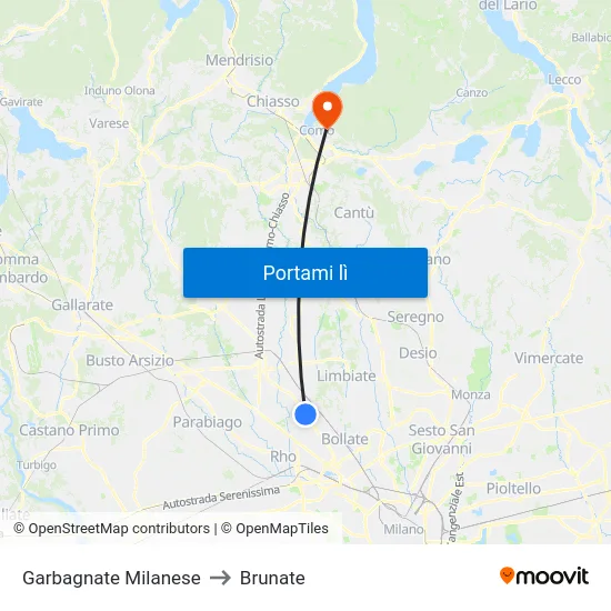 Garbagnate Milanese to Brunate map