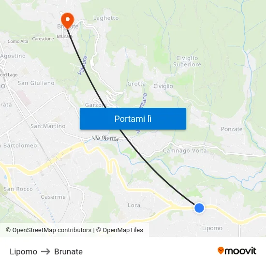 Lipomo to Brunate map