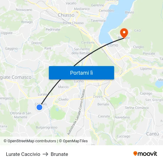 Lurate Caccivio to Brunate map