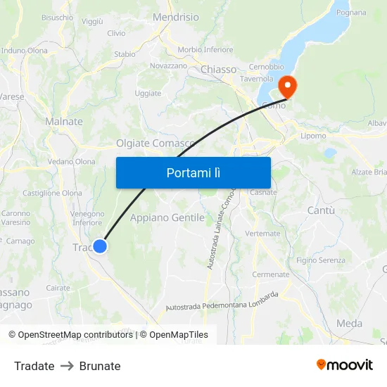 Tradate to Brunate map