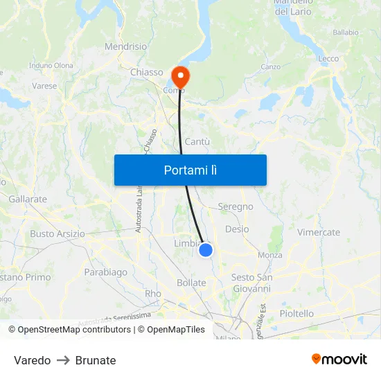 Varedo to Brunate map