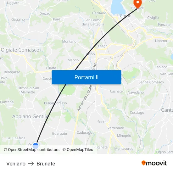 Veniano to Brunate map