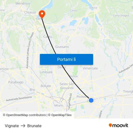 Vignate to Brunate map