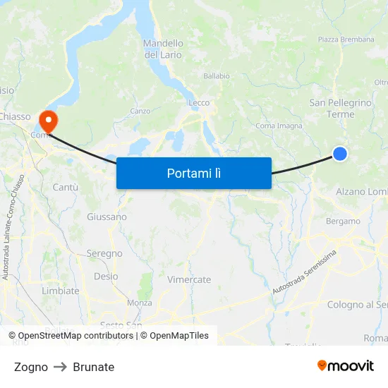 Zogno to Brunate map