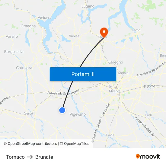 Tornaco to Brunate map